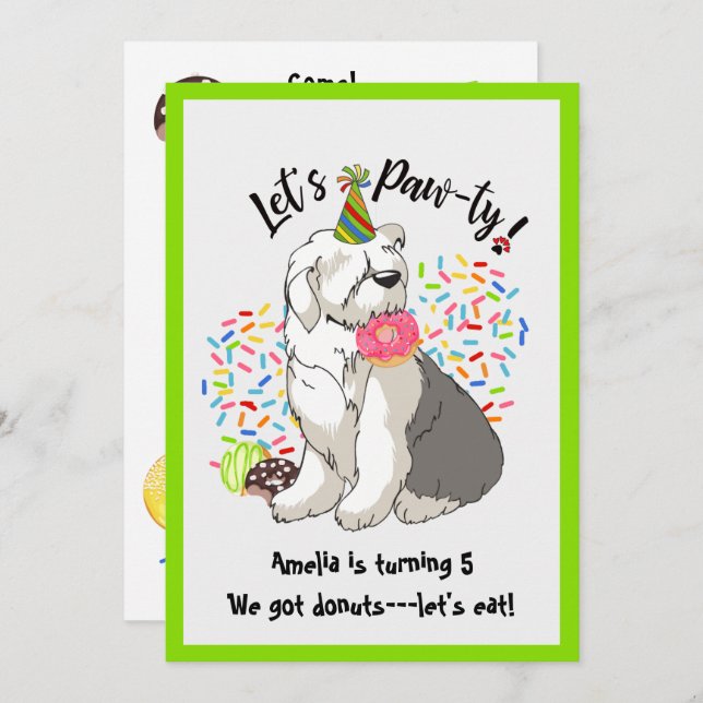 Antigo Convite de aniversário de Sheepdog Inglês (Frente/Verso)