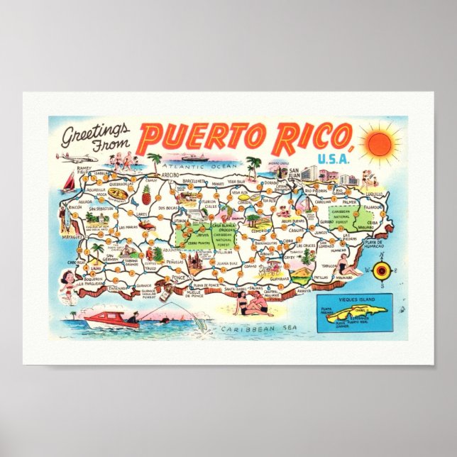 Antigo Impressão de Mapa Ilustrado de Porto Rico (Frente)