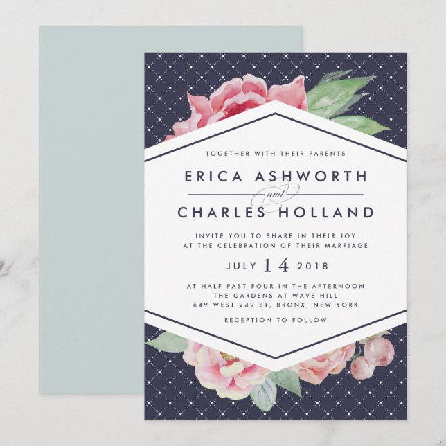 Antiguidade Peony | Convite para Casamento de Blus (Frente/Verso)