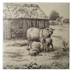 Antiguidade Repro William Wise Sheep Family Sepia