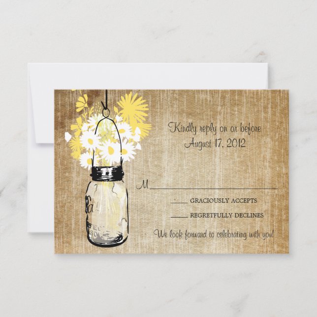 Antiquado Rustic Mason Jar Daisies Wildflower RSVP (Frente)