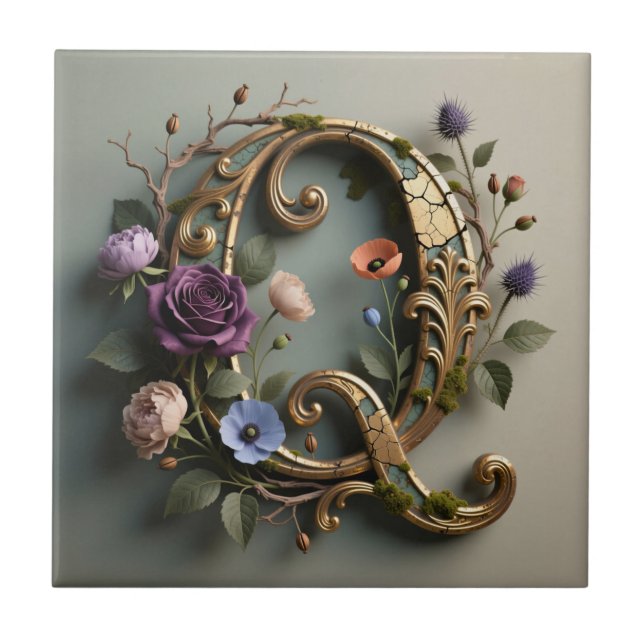 Antique Floral Gold Letter Q Monogram (Frente)
