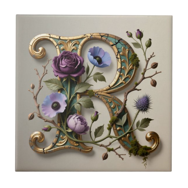 Antique Floral Gold Letter R Monogram (Frente)