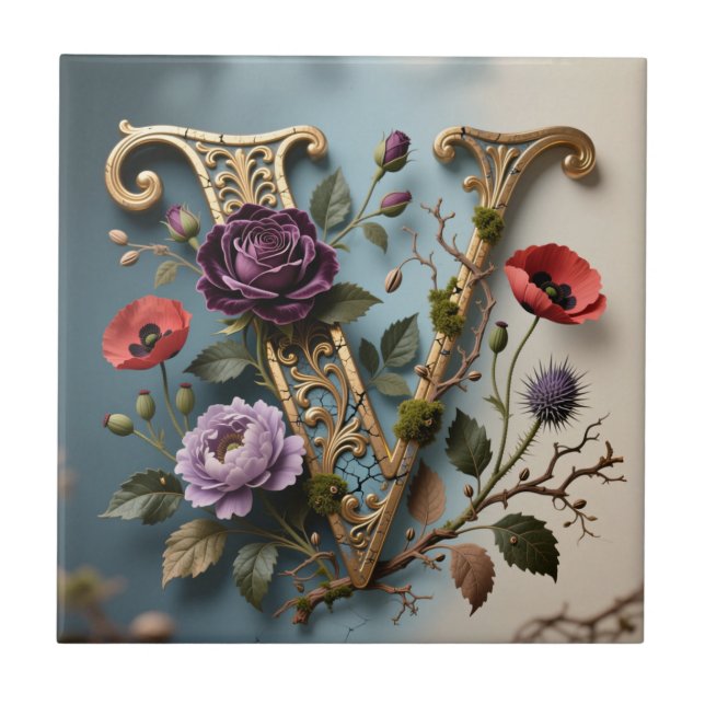 Antique Floral Gold Letter V Monogram (Frente)