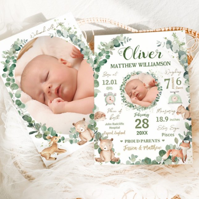 Anunciamento das Estatísticas de Nascimentos de An (zazzle-chic-woodland-animals-greenery-gender-neutral-boy-girl-birth-stats-photo-announcement-cards)