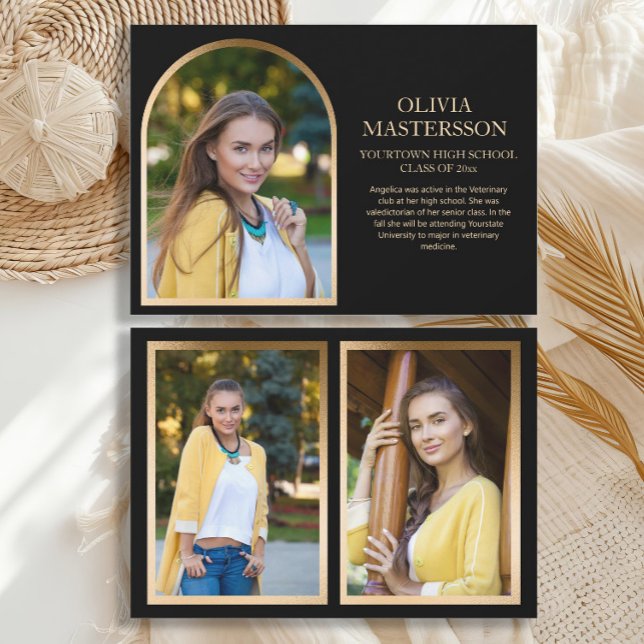 Anúncio 3-Foto para Graduação em Arco Dourado Preto Modern (Modern, elegant black and gold 3-photo graduation announcement card)