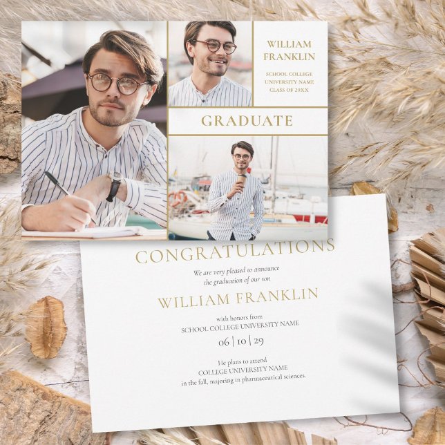 Anúncio 3 Graduação Dourada Moderna de Colagem de Fotos (3 Photo Collage Modern Gold Graduation Announcement)
