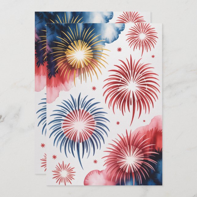 Anúncio 4 de julho Fireworks | Arte Patriótica de Aquarela (Frente/Verso)