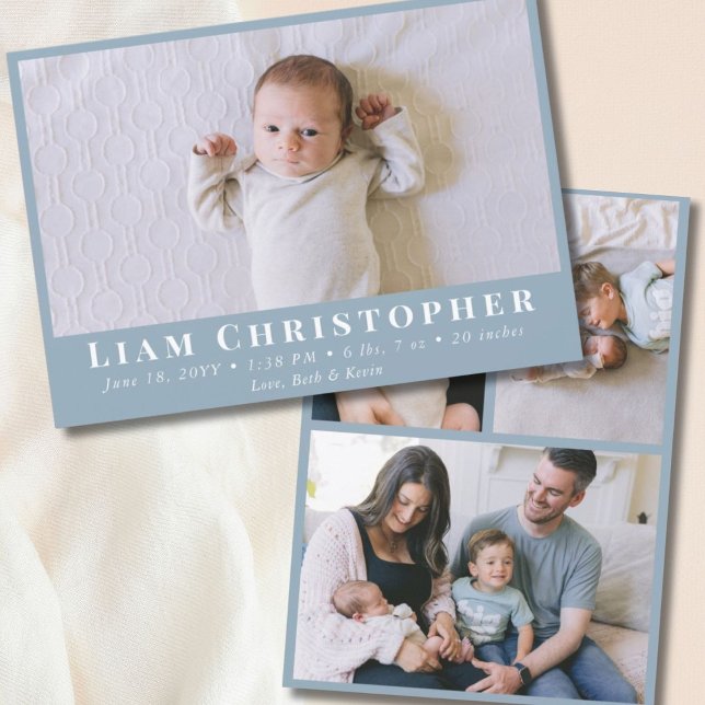 Anúncio 4 Foto Moderna Mínima Dusty Azul Simples Nasciment (4 Photo Modern Minimal Dusty Blue Simple Birth Announcement
)