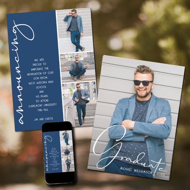 Anúncio 4 Marinho de Colagem de Graduação de Fotos Azul (4 Photo Graduation Collage Navy Blue Announcements)