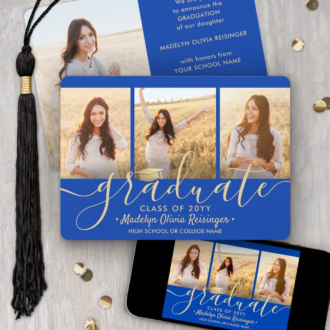 Anúncio 4 Photo Graduation Collage Script Royal Blue Gold (Criador carregado)