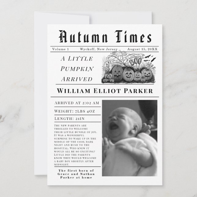 Anúncio A little pumpkin arrived Birth Announcement (Frente)