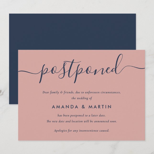 Anúncio Adiamento de Casamento Azul-Navy e Blush Moderno (Frente/Verso)