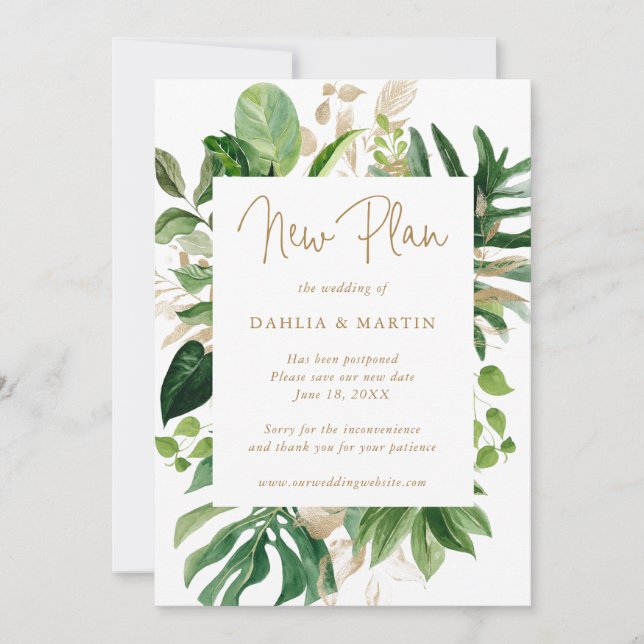 Anúncio Adiamento de Casamento Tropical Greenery Gold (Frente)