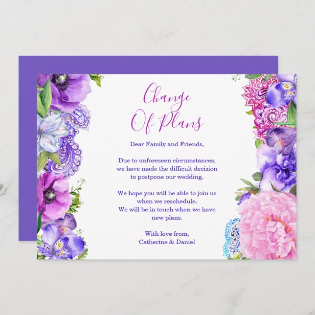 Anúncio Adiamento De Planos De Planos De Roxo Floral (Frente/Verso)