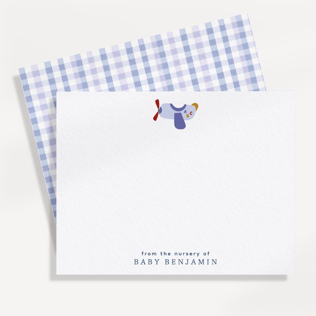 Anúncio Airplane Nursery Note Card with Blue Gingham Back (Criador carregado)