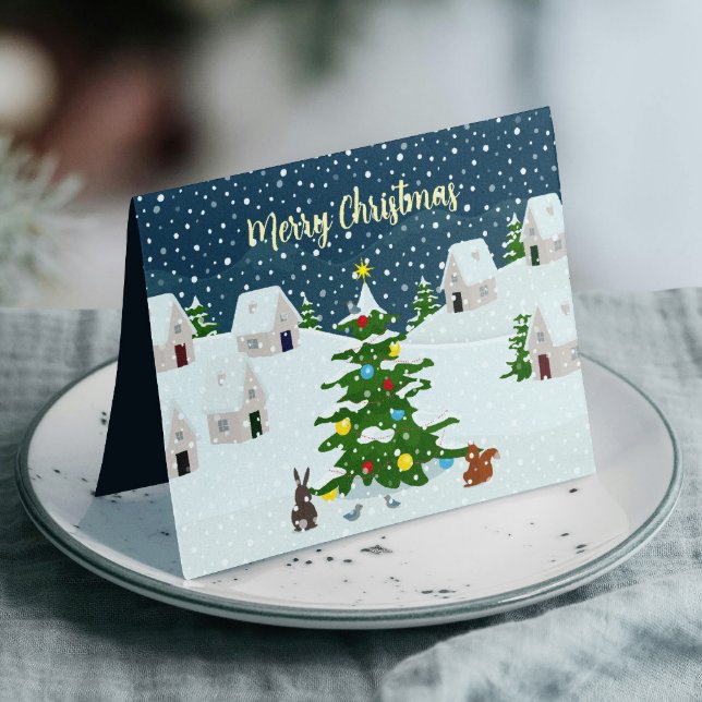 Anúncio Aldeia de neve de Natal com animais bonitos (Christmas snow village with cute animals custom card, personalize it with your photo and text.)