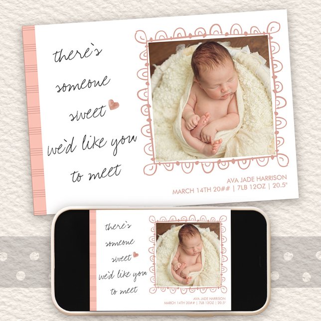 Anúncio Alguém Doce para Conhecer 2 Bebê Fotográfica (Framed photo birth announcement with handwritten wording)