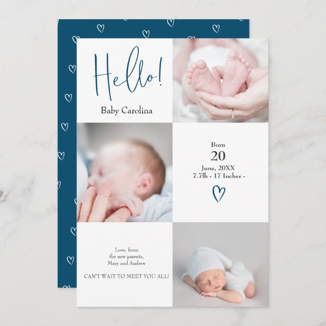 Anúncio Alô moderno branco azul 3 fotos nascimento bebê (Frente/Verso)