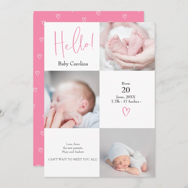 Anúncio Alô moderno branco cor-de-rosa 3 fotos nascimento  (Frente/Verso)