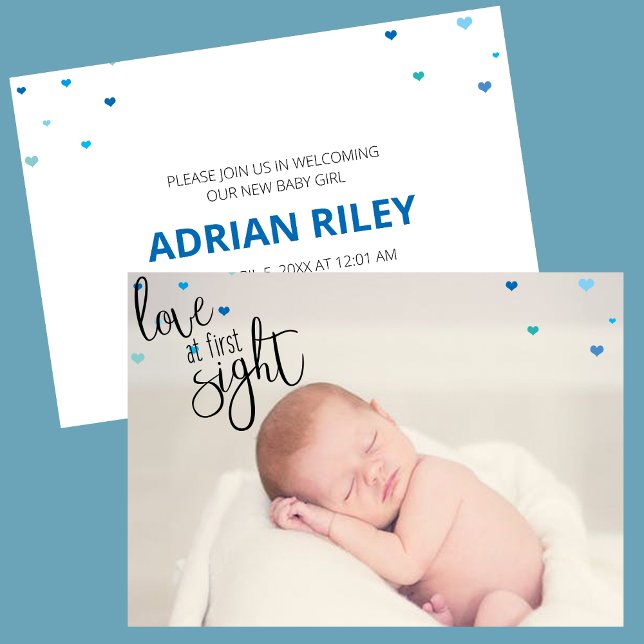 Anúncio Amor À Primeira Vista (Blue love at first sight photo birth announcement card with blue hearts)