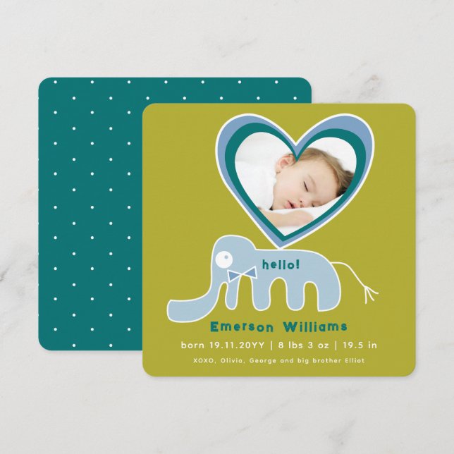 Anúncio Amor Whimsical Blue Elephant Photo Baby Boy Birth (Frente/Verso)