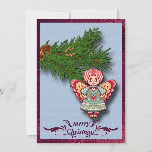 Anúncio Angel Ornament on Pine Branch Flat Christmas Card (Frente)