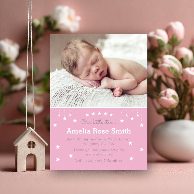 Anúncio Anúncio/cartões de agradecimentos de uma bebê (A sweet way to introduce your little star 🌟 Personalize this pink photo announcement to share your )