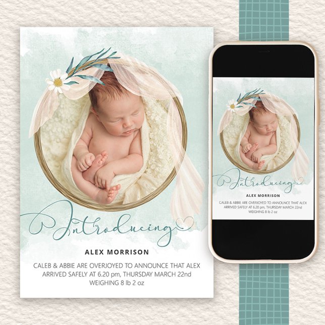 Anúncio Apresentação do Boho Foto Frame Green Wash Birth (Photo birth announcement introducing your new baby)