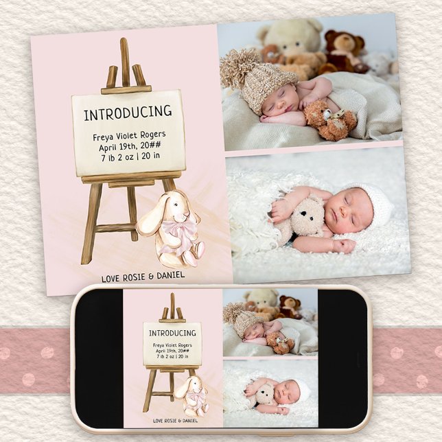 Anúncio Apresentando Easel & Bunny 2 Photo Baby Girl Birth (Photo Birth Announcement with cute bunny design. Buy printed or as printable digital download)