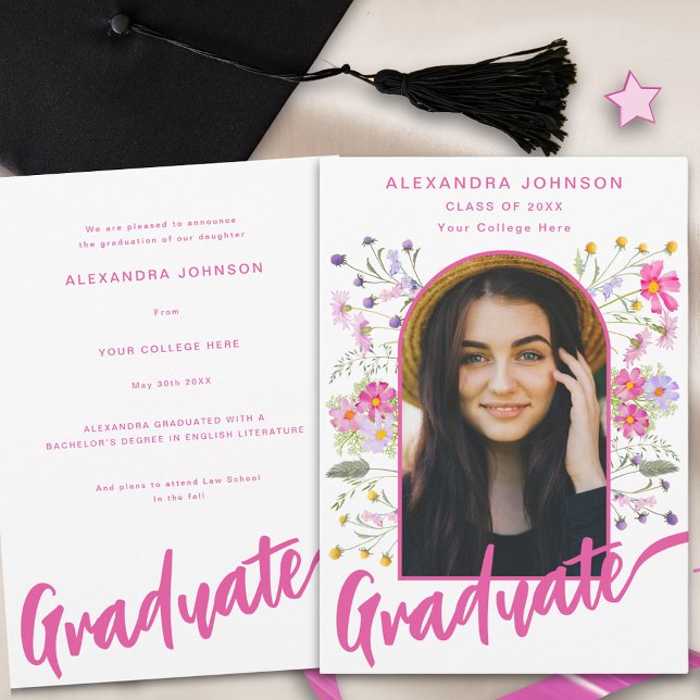Anúncio Arch de Fotografia do Formando de Flor Selvagem -  (Boho floral pink script graduate photo graduation announcement card)