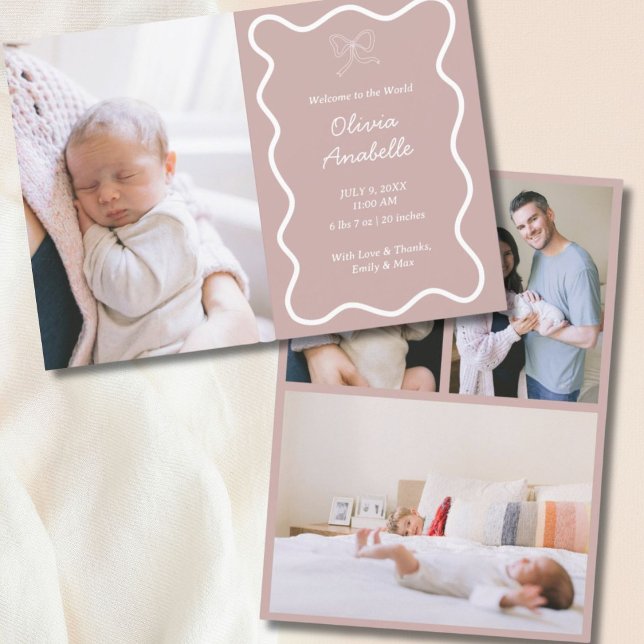 Anúncio Arco rosa-rosado com poeira personalizada Wavy Boh (Custom Dusty Pink Bow Wavy Boho Collage Baby Birth Announcement
)
