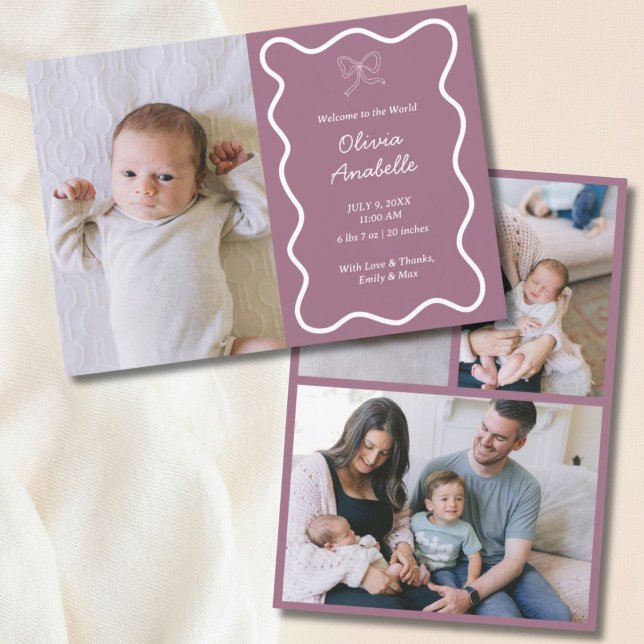 Anúncio Arco Roxo Púrpura Wavy Boho Collage Bebê Nasciment (Custom Purple Bow Wavy Boho Collage Baby Birth Announcement
)