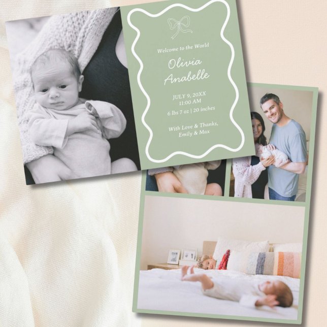 Anúncio Arco Verde de Sábio Personalizado Wavy Boho Collag (Custom Sage Green Bow Wavy Boho Collage Baby Birth Announcement
)