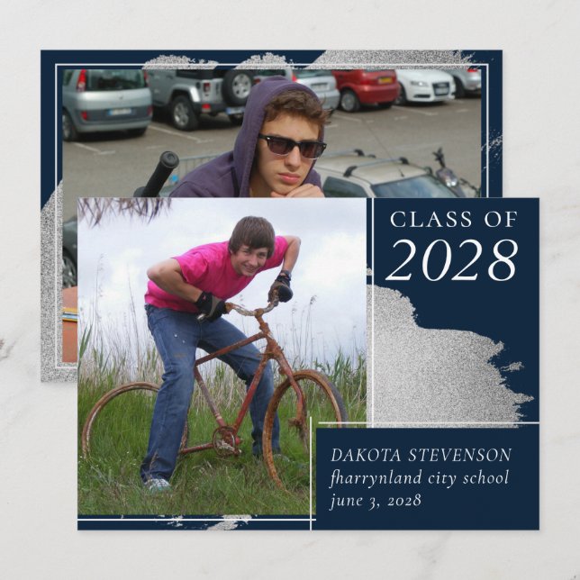 Anúncio Artsy Graduation | Marinho Blue Silver Splash 2 Fo (Frente/Verso)