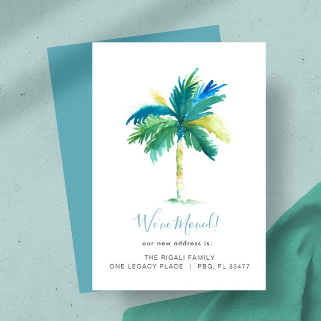 Anúncio Árvore de Palma em Aquarela Tropical Mudança de En (New home moving announcements feature watercolor palm tree art by Victoria Grigaliunas DoTellABelle)