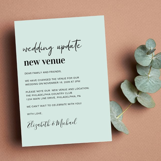 Anúncio Atualização de Casamento na Casa da Moeda Nova (A chic change of venue announcement. Our user-friendly template allows you to easily customize)