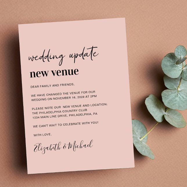 Anúncio Atualização de casamento rosa para novo local (A chic change of venue announcement. Our user-friendly template allows you to easily customize)