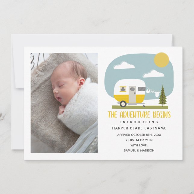 Anúncio Aventura Começa Camper Amarelo Bebê Nascimento (Frente)