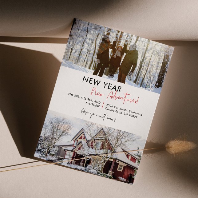 Anúncio Aventuras de Ano Novo Movimentamos Endereço em Mov (New Year New Home Moving Announcement Photo Card)