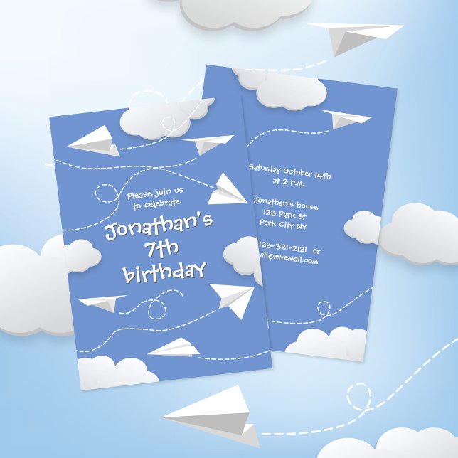 Anúncio aviões de papel dobrado voador qualquer aniversári (front & back views - paper airplanes themed birthday party invite with your custom color background)
