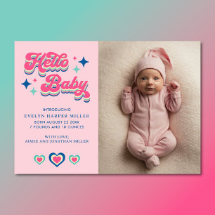 Anúncio Aviso de Nascimento Retro Groovy Hello Baby Card