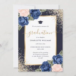 Anúncio Azul Rosa Dourado Floral Moderno Graduação