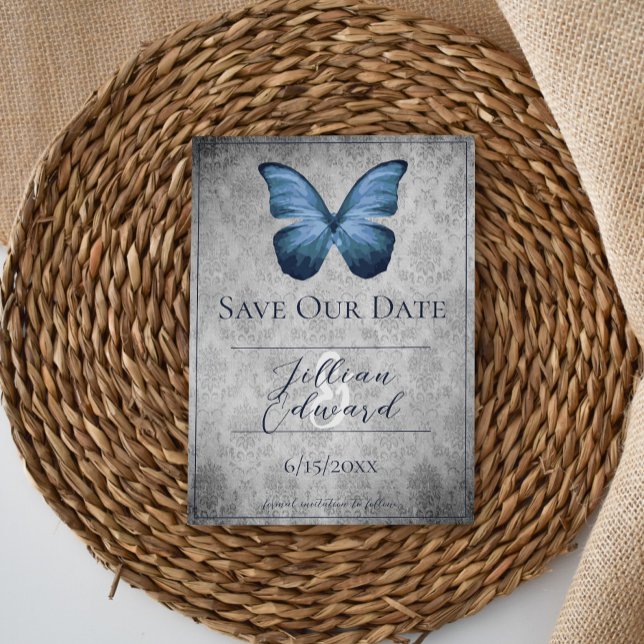 Anúncio Azul Vintage Butterfly Damasco Salve a Data (Blue Vintage Butterfly Damask Save the Date)