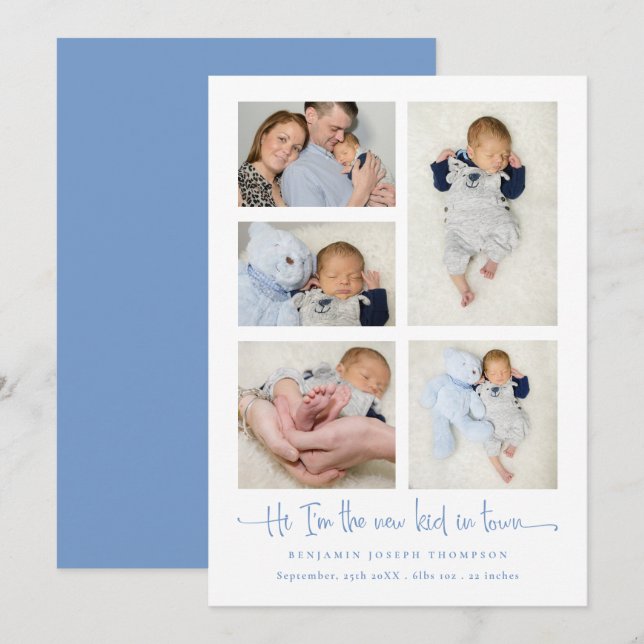 Anúncio Baby Boy 5 Photo Collage Blue New Kid Script Birt (Frente/Verso)