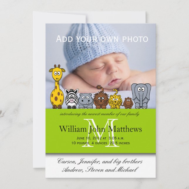 Anúncio Baby Boy Birth anuncia animais selvagens verde (Frente)
