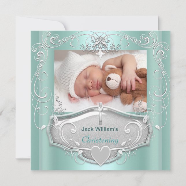 Anúncio Baby Boy Christening Baptism Mint Silver Cross (Frente)