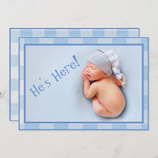 Anúncio Baby Boy Gingham Xadrez Foto Moderna Nascimento (Frente/Verso)