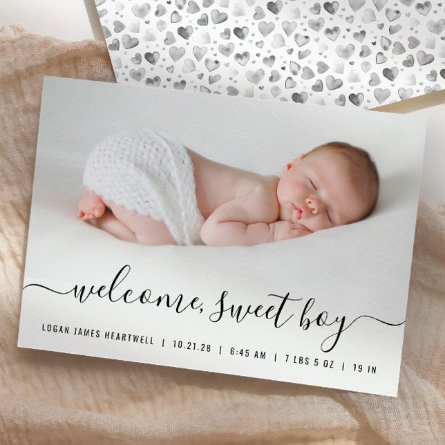 Anúncio Baby Boy Photo Black White Script Hearth Birth (Criador carregado)