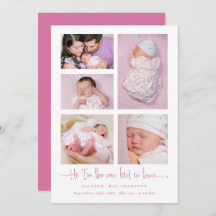 Anúncio Baby Girl 5 Photo Collage Pink Script Birds